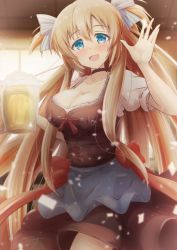 Rule 34 | 1girl, alcohol, apron, beer, beer mug, blush, breasts, brown dress, cleavage, collarbone, commission, cup, dirndl, dress, german clothes, highres, holding, holding cup, large breasts, light particles, liz hohenstein, long hair, looking at viewer, mug, muv-luv, muv-luv alternative, open hand, schwarzesmarken, skeb commission, smile, solo, two side up, very long hair, window, yomitsuna