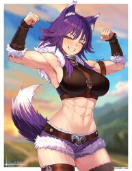 Rule 34 | 1girl, abs, absurdres, animal ear fluff, animal ears, arm belt, arm warmers, armpits, bare shoulders, belt, black shirt, blue sky, breasts, brown belt, cloud, cloudy sky, collar, commentary, cowboy shot, cropped shirt, english commentary, flexing, fur-trimmed shorts, fur trim, grin, groin, hair between eyes, half-closed eye, highres, large breasts, leg belt, light blush, long hair, looking at viewer, makoto (princess connect!), metal collar, midriff, muscular, muscular female, navel, one eye closed, princess connect!, purple hair, purple shorts, shirt, short shorts, shorts, sidelocks, signature, sivarkart, skindentation, sky, sleeveless, sleeveless shirt, smile, solo, standing, sunset, tail, teeth, thigh strap, tomboy, underbust, watermark, web address, wolf ears, wolf girl, wolf tail, yellow eyes