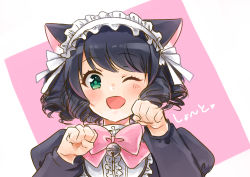 Rule 34 | 10s, 1girl, ;d, animal ears, bell, black hair, bow, cat ears, cyan (show by rock!!), green eyes, ichigokono, maid headdress, one eye closed, open mouth, paw pose, puffy sleeves, show by rock!!, smile, solo, upper body
