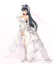 Rule 34 | 1girl, alternate costume, animal ears, atago (azur lane), azur lane, bare shoulders, black hair, blush, bow, breasts, brown eyes, character name, cleavage, closed mouth, collarbone, commentary, detached sleeves, dress, earrings, elsynien, english commentary, flower, garter straps, gloves, gradient background, hair flower, hair ornament, high heels, highres, huge breasts, jewelry, leotard, long hair, long sleeves, looking at viewer, pendant, pink background, rose, see-through, shoes, smile, solo, standing, strapless, strapless leotard, thighhighs, very long hair, wedding dress, white background, white bow, white dress, white flower, white footwear, white gloves, white leotard, white rose, white thighhighs