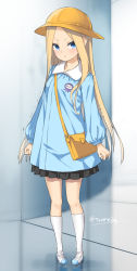 Rule 34 | 1girl, :t, abigail williams (fate), alternate costume, arms at sides, bag, black skirt, blonde hair, blue eyes, blue shirt, blurry, blurry background, blush, breasts, closed mouth, collared shirt, commentary request, depth of field, fate/grand order, fate (series), forehead, full body, hat, indoors, kindergarten bag, kindergarten uniform, kneehighs, long hair, long sleeves, looking at viewer, parted bangs, pigeon-toed, pleated skirt, pout, puffy long sleeves, puffy sleeves, reflective floor, school hat, shirt, shoes, shoulder bag, skirt, small breasts, socks, solo, standing, twitter username, tyone, uwabaki, v-shaped eyebrows, very long hair, white footwear, white socks, yellow hat