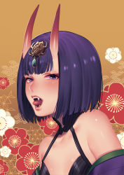 Rule 34 | 1girl, bob cut, breasts, collarbone, fangs, fate/grand order, fate (series), floral background, horns, japanese clothes, kimono, lips, noriuma, off shoulder, portrait, purple eyes, purple hair, shiny skin, short hair, shuten douji (fate), skin-covered horns, small breasts, solo, tongue, tongue out