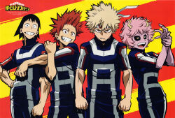 Rule 34 | 1girl, 3boys, absurdres, ashido mina, bakugou katsuki, bakusquad, biceps, black hair, black sclera, blonde hair, boku no hero academia, bones (company), breasts, carrying, clenched teeth, colored sclera, colored skin, feet out of frame, grin, highres, horns, jacket, kirishima eijirou, logo, messy hair, multicolored hair, multiple boys, non-web source, official art, pants, pink hair, pink skin, red eyes, red hair, scan, sero hanta, sharp teeth, sleeves rolled up, smile, spiked hair, standing, stretching, teeth, title, torn clothes, torn jacket, track jacket, track pants, track suit, two-tone hair, uniform, yellow horns