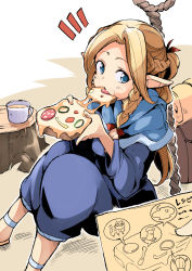 Rule 34 | 1girl, bag, bibi02, blonde hair, braid, cup, dungeon meshi, eating, elf, food, green eyes, highres, long hair, marcille donato, marushiru, out of frame, pizza, pointy ears, solo focus, staff, twin braids