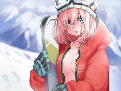 Rule 34 | 1girl, blue eyes, blush, breasts, cleavage, coat, gloves, goggles, goggles on head, highres, looking at viewer, naked coat, open clothes, open coat, original, pink hair, snow, snowboard, solo, takagi (tansuke), tansuke