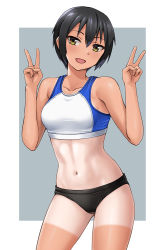 Rule 34 | 1girl, :d, bare shoulders, bikini, black hair, breasts, collarbone, commentary request, cowboy shot, double v, green eyes, grey background, hair between eyes, hands up, hashi, head tilt, looking at viewer, medium breasts, midriff, navel, open mouth, original, short hair, sidelocks, smile, solo, standing, swimsuit, tan, tankini, tanline, taut clothes, tomboy, toned, track uniform, v, white background