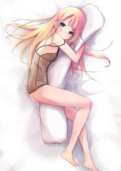 Rule 34 | 1girl, bad id, bad pixiv id, barefoot, blonde hair, blue eyes, blush, body pillow, bottomless, ivioss, legs, lingerie, long hair, long legs, looking at viewer, lying, negligee, hugging object, on side, original, pillow, pillow hug, recursion, see-through, solo, strap slip, underwear