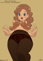 Rule 34 | 1boy, 1girl, :o, absurdres, black pantyhose, blue eyes, blush stickers, bow, bow panties, breasts, brown hair, chromodomo, disembodied hand, feet out of frame, grabbing, grabbing another&#039;s breast, highres, katrielle layton, layton&#039;s mystery journey, medium breasts, medium hair, navel, nipples, open mouth, panties, pantyhose, professor layton, simple background, solo focus, standing, teeth, thighs, topless, underwear, upper teeth only, yellow background