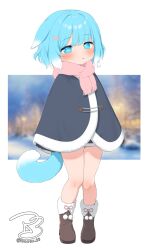 1girl blue_eyes blue_hair blush boots cloak fur-trimmed_boots fur-trimmed_poncho fur_trim hair_ornament highres looking_at_viewer original photo_background poncho ransusan scarf short_hair shorts solo tail