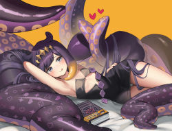 Rule 34 | 1girl, absurdres, ao-chan (ninomae ina&#039;nis), arm up, armpits, bed, black dress, black eyes, book, clover print, dong ji, dress, flat chest, gem (symbol), heart, heart print, highres, hololive, hololive english, long hair, lying, mole, mole under eye, ninomae ina&#039;nis, ninomae ina&#039;nis (1st costume), on bed, on side, panties, pantyshot, purple hair, solo, strapless, strapless dress, tentacles, tongue, tongue out, underwear, very long hair, virtual youtuber, white panties, yellow background