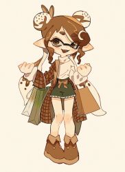 Rule 34 | 1girl, bag, brown coat, brown eyes, brown footwear, brown hair, clenched hand, coat, commentary, commission, double bun, eyebrows hidden by hair, fangs, full body, hair bun, highres, inkling, inkling girl, inkling player character, long hair, multicolored hair, nintendo, open mouth, plaid, plaid coat, pointy ears, shoes, shopping bag, simple background, smile, solo, splatoon (series), standing, tentacle hair, two-tone hair, white background, white hair, ze090