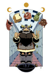 Rule 34 | 1boy, beard, christianity, crescent, dungeon meshi, dwarf, facial hair, fake horns, food, helmet, highres, holding, holding knife, horned helmet, horns, knife, long beard, looking at viewer, male focus, meat, moon phases, mustache, norrie, parody request, senshi (dungeon meshi), solo, standing, straight-on, thick mustache, very long beard, wok