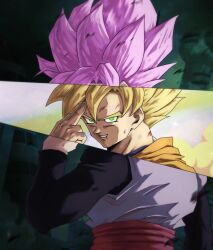 Rule 34 | 2boys, black shirt, blonde hair, blood, blood stain, cloud, cloudy sky, commentary, debris, dougi, dragon ball, dragon ball super, dragon ball z dokkan battle, dragonball z, fingers to head, gameplay mechanics, goku black, green cloud, green eyes, green sky, grey shirt, grin, highres, inset, instant transmission, looking at viewer, male focus, multiple boys, orange shirt, overlapped images, pink hair, red sash, sash, scuffed, shirt, sky, smile, son goku, spiked hair, super saiyan, super saiyan 1, super saiyan rose, sweatdrop, sydoria, upper body, yellow clouds
