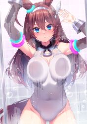 Rule 34 | 1girl, against glass, ahoge, animal ears, armpits, arms up, blush, breast press, breasts, breasts on glass, brown hair, cleavage, closed mouth, commentary request, detached sleeves, ear ornament, hair between eyes, hair ornament, highres, horse ears, horse tail, large breasts, looking at viewer, mihono bourbon (umamusume), navel, solo, suzushiro atsushi, tail, umamusume