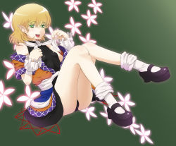 Rule 34 | 1girl, arm warmers, bad id, bad pixiv id, bare shoulders, blonde hair, chiwino, danmaku, female focus, green eyes, mary janes, mizuhashi parsee, open clothes, pointy ears, scarf, shoes, short hair, sitting, sleeveless, socks, solo, touhou, undressing