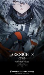 Rule 34 | 1girl, absurdres, arknights, black gloves, black sweater, closed eyes, commentary, cryokinesis, english commentary, english text, frostnova (arknights), gloves, highres, icicle, jacket, long hair, official art, open mouth, originium arts (arknights), poster (medium), rabbit girl, scar, scar on face, scar on nose, snowflakes, solo focus, sweater, white hair, white jacket, yostar pictures