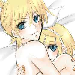 Rule 34 | 1boy, 1girl, afterglow, aftersex, aqua eyes, blonde hair, brother and sister, hair ribbon, hetero, hug, incest, kagamine len, kagamine rin, nude, ribbon, sacchon, sattyon, siblings, smile, twincest, twins, vocaloid