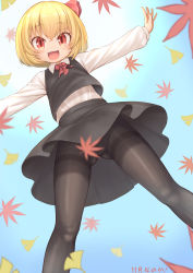 Rule 34 | 1girl, arms up, ascot, autumn leaves, black pantyhose, black skirt, black vest, blonde hair, blue sky, cleft of venus, collar, collared shirt, ginkgo leaf, gluteal fold, gradient sky, hair between eyes, hair ribbon, hands up, harunoha, highres, leaf, long sleeves, looking at viewer, looking down, maple leaf, no panties, open mouth, pantyhose, puffy long sleeves, puffy sleeves, pussy, red ascot, red eyes, red ribbon, ribbon, rumia, shirt, short hair, skirt, sky, smile, solo, standing, touhou, vest, white shirt, white sleeves