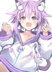 Rule 34 | absurdres, animal ears, bimmy, breasts, cat ears, cat tail, choker, d-pad, d-pad hair ornament, fang, flat chest, hair ornament, hairclip, happy, highres, neptune (neptunia), neptune (series), open mouth, parka, purple eyes, purple hair, short hair, simple background, small breasts, tail, teeth, thighs, white background