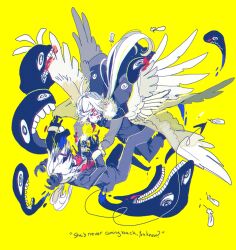 2boys angel angel_wings anten_(funamusea) blood blood_on_clothes blood_on_face demon_boy demon_horns fighting funamusea horns looking_at_another multiple_boys multiple_wings sebychu sharp_teeth taffy_(funamusea) teeth wings