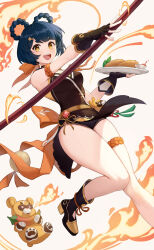 Rule 34 | 1girl, :d, black gloves, blue hair, braid, breasts, breath weapon, breathing fire, dress, fingerless gloves, fire, food, foot out of frame, genshin impact, gloves, guoba (genshin impact), hair ornament, hairclip, highres, holding, holding food, holding plate, holding polearm, holding weapon, looking at viewer, medium breasts, micro shorts, open mouth, pepper, plate, polearm, short dress, short eyebrows, short hair, shorts, smile, taejoo lee, thigh strap, thighs, vision (genshin impact), weapon, wide hips, xiangling (genshin impact), yellow eyes