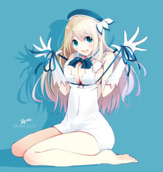 Rule 34 | 1girl, 2015, arm ribbon, atago (kancolle), bad id, bad pixiv id, bare shoulders, barefoot, beret, blonde hair, blue background, blue eyes, bow, breasts, cleavage, cleavage cutout, clothing cutout, cosplay, covered navel, dated, dress, dungeon ni deai wo motomeru no wa machigatteiru darou ka, female focus, gloves, hair ornament, hair ribbon, hat, hestia (danmachi), hestia (danmachi) (cosplay), highres, kantai collection, large breasts, long hair, looking at viewer, open mouth, rei no himo, ribbon, shadow, short dress, signature, simple background, sitting, sleeveless, sleeveless dress, solo, tebi (tbd11), very long hair, wariza, white dress, white gloves