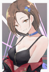 Rule 34 | 1girl, asymmetrical bangs, bare shoulders, blue choker, blush, breasts, brown hair, choker, cleavage, collarbone, crop top, grin, head tilt, highres, idolmaster, idolmaster cinderella girls, jacket, jacket partially removed, looking at viewer, medium breasts, mizuki seira, multicolored clothes, multicolored jacket, smile, solo, stage lights, sweatdrop, two-tone jacket, unu (unucence), upper body
