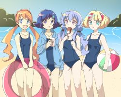 Rule 34 | 4girls, artist name, bad id, bad twitter id, ball, bare shoulders, beach, beyblade, beyblade: burst, blonde hair, blue eyes, blue hair, breasts, character name, chocolate, cup, feet out of frame, floating, floating object, formal, green eyes, group picture, hairband, happy, holding, ichika kindo, kymhotii, legs, light, long hair, multiple girls, nishiro nya, ocean, open mouth, orange hair, outdoors, purple eyes, raika (beyblade), red hair, self-upload, shasa gooden, short hair, short twintails, sky, small breasts, suit, swimsuit, twintails, water