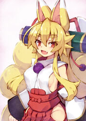 Rule 34 | 1girl, :d, animal ears, blonde hair, breasts, commentary request, detached sleeves, fox ears, fox girl, fox tail, hakama, highres, izuna (shinrabanshou), japanese clothes, kitsune, long hair, looking at viewer, medium breasts, multiple tails, open mouth, pink background, red hakama, saru 000, shinrabanshou, smile, solo, tail, thick eyebrows, white sleeves