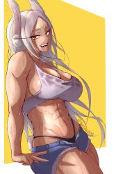 Rule 34 | 1girl, abs, absurdres, animal ears, bare shoulders, black panties, boku no hero academia, breasts, cleavage, commentary, commission, dark-skinned female, dark skin, denim, denim shorts, english commentary, highleg, highleg panties, highres, large breasts, long eyelashes, long hair, looking at viewer, mirko, mixed-language commentary, muscular, muscular female, navel, open fly, open mouth, panties, parted bangs, pixiv commission, rabbit ears, rabbit girl, rabbit tail, red eyes, shirt, short shorts, shorts, skindentation, smile, solo, sora raion, spanish commentary, sports bra, stomach, sweat, sweaty clothes, tail, teeth, thighs, twitter username, underwear, v, very long hair, wet, wet clothes, wet shirt, white hair, white sports bra