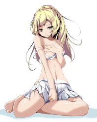 Rule 34 | 1girl, bare arms, bare legs, barefoot, between legs, blonde hair, bra, bra pull, braid, clenched teeth, clothes pull, collarbone, covering one breast, covering privates, creatures (company), floating hair, full body, game freak, green eyes, hand between legs, highres, lillie (pokemon), long hair, looking away, navel, nintendo, nipples, pleated skirt, pokemon, pokemon sm, shiny skin, simple background, sitting, skirt, solo, sweatdrop, teeth, torn clothes, torn skirt, tsukishiro saika, underwear, white background, white bra, white skirt