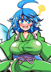 Rule 34 | 1girl, ?, ahoge, blue eyes, blue hair, blush, breasts, fins, fish tail, head fins, japanese clothes, kimono, large breasts, matching hair/eyes, mermaid, monster girl, open mouth, rindou (p41neko), simple background, smile, solo, tail, touhou, wakasagihime, white background