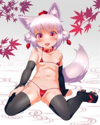 Rule 34 | 1girl, :d, animal ear fluff, animal ears, areola slip, bikini, black bridal gauntlets, black footwear, black thighhighs, blush, breasts, bridal gauntlets, cameltoe, commentary request, elbow gloves, fang, full body, gloves, hat, inubashiri momiji, leaf, lower teeth only, maple leaf, micro bikini, open mouth, pom pom (clothes), red bikini, red eyes, red hat, sandals, short hair, sitting, skin fang, small breasts, smile, solo, swimsuit, tail, teeth, thighhighs, tokin hat, tongue, torque, touhou, wariza, white hair, wolf ears, wolf girl, wolf tail, zouri