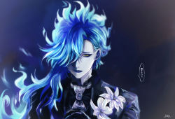 Rule 34 | 1boy, absurdres, artist name, black gloves, blue hair, blue lips, brooch, flower, gloves, grey background, hair over one eye, highres, idia shroud, j8ry, jewelry, long hair, looking at viewer, male focus, pale skin, solo, speech bubble, twisted wonderland, upper body