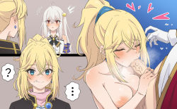 Rule 34 | ..., 1boy, 2girls, 3koma, after fellatio, blonde hair, blue eyes, blush, breasts, censored, closed eyes, clothed male nude female, comic, completely nude, earrings, fellatio, gloves, highres, jewelry, large breasts, long hair, looking at another, looking at viewer, lowellmina earthworld, mosaic censoring, multiple girls, ninym ralei, nipples, nude, oral, penis, ponytail, red eyes, solo focus, spoken ellipsis, stray pubic hair, surprised, sweatdrop, tears, tensai ouji no akaji kokka saiseijutsu, upper body, veins, veiny penis, white gloves, white hair, yghm