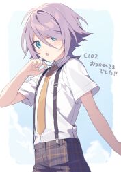 Rule 34 | black pants, blue background, blue eyes, blush, brown necktie, collared shirt, dress shirt, hair over one eye, hand up, hijiri (resetter), looking at viewer, necktie, open mouth, original, pants, purple hair, shirt, short sleeves, solo, suspenders, sweat, translation request, two-tone background, white background, white shirt