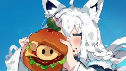Rule 34 | 1girl, ahoge, animal ear fluff, animal ears, blue background, braid, burger, closed eyes, commentary request, eating, fall guy, fall guys, food, food on face, fox ears, fox girl, fur-trimmed jacket, fur trim, hair between eyes, highres, holding, holding food, hololive, jacket, karei, long hair, long sleeves, shirakami fubuki, shirakami fubuki (fubukitek), sidelocks, single braid, virtual youtuber, white hair, white jacket
