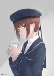 Rule 34 | 1girl, absurdres, blue dress, blue hat, brown eyes, brown hair, clothes writing, cup, dress, grey background, hat, highres, kantai collection, looking at viewer, mug, piroshiki (aoraro), sailor collar, sailor dress, sailor hat, short hair, sidelocks, solo, steam, twitter username, upper body, z3 max schultz (kancolle)