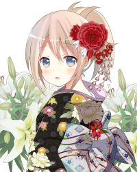 Rule 34 | 1girl, aoyama blue mountain, blonde hair, floral print, flower, from side, gochuumon wa usagi desu ka?, hair between eyes, hair flower, hair ornament, japanese clothes, kimono, lily (flower), long hair, long sleeves, looking at viewer, obi, official style, open mouth, ponytail, red flower, ryoutan, sash, simple background, solo, upper body, white background