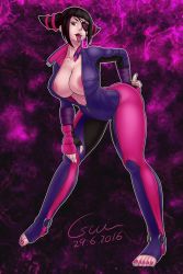 Rule 34 | 1girl, areola slip, barefoot, black hair, bodysuit, breasts, capcom, csium, drill hair, eyepatch, fingerless gloves, gloves, han juri, huge breasts, leaning forward, looking at viewer, nail polish, no bra, open clothes, open mouth, purple bodysuit, purple eyes, solo, standing, street fighter, street fighter v, toeless legwear, toenail polish, toenails, toes, tongue, tongue out, twin drills
