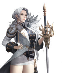 Rule 34 | 1girl, absurdres, belt, black belt, black shirt, breasts, collared jacket, collared shirt, cowboy shot, daeho cha, fingernails, grey eyes, grey hair, hand on own hip, highres, holding, holding sword, holding weapon, jacket, large breasts, lips, long hair, long sleeves, looking at viewer, military, military uniform, oceans&amp;empires, official art, pink lips, sheath, shirt, signature, simple background, skirt, solo, sword, teeth, uniform, weapon, white background, white jacket, white skirt, wide sleeves