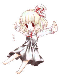 Rule 34 | 1girl, bad id, bad pixiv id, bare legs, black dress, blonde hair, character name, chibi, dress, embodiment of scarlet devil, female focus, full body, hair ribbon, kuromame (8gou), outstretched arms, ribbon, rumia, simple background, solo, touhou, white background