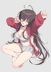 Rule 34 | 1girl, absurdres, ahoge, alpha (yukai na nakamatachi), arms up, bare legs, barefoot, blush, breasts, brown hair, cleavage, commentary, crossed legs, feet, g-senjou no maou, hair between eyes, highres, jacket, jersey, large breasts, legs, long hair, looking at viewer, navel, one eye closed, open mouth, red eyes, red jacket, short shorts, shorts, simple background, sitting, solo, sports bra, sportswear, thighs, toes, usami haru, white sports bra
