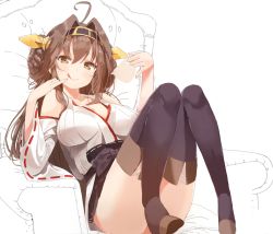 Rule 34 | 10s, 1girl, ahoge, bad id, bad twitter id, bare shoulders, blush, boots, breasts, breasts apart, brown eyes, brown footwear, brown hair, cleavage, collarbone, cup, detached sleeves, double bun, female focus, full body, hair bun, headgear, kantai collection, knee boots, knees together feet apart, kongou (kancolle), large breasts, licking lips, long hair, looking at viewer, mx2j, nontraditional miko, pinky out, reclining, ribbon-trimmed sleeves, ribbon trim, sitting, smile, solo, teacup, thigh boots, thighhighs, thighs, tongue, tongue out, unfinished