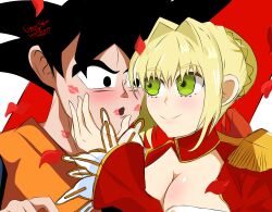 Rule 34 | black eyes, black hair, blonde hair, breasts, cleavage, crossover, dragon ball, dragon ball super, dragonball z, fate/extra, fate/stay night, fate (series), green eyes, large breasts, nero claudius (fate), nero claudius (fate) (all), nero claudius (fate/extra), son goku