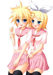 Rule 34 | absurdres, akarin (sakuraakarin), alternate color, arm grab, blonde hair, blush, bow, clothes lift, crop top, crossdressing, female pervert, hairband, highres, holding, holding clothes, holding skirt, kagamine len, kagamine rin, looking at another, looking away, midriff, miniskirt, navel, open mouth, pervert, pink skirt, pleated skirt, sailor collar, sailor shirt, shirt, simple background, skirt, skirt lift, thighhighs, trap, vocaloid, white bow, white hairband, zettai ryouiki