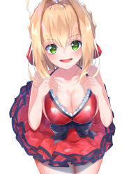Rule 34 | 1girl, :d, ahoge, bare arms, bare shoulders, black bow, blonde hair, bow, braid, breasts, cleavage, collarbone, commentary request, fate/grand order, fate (series), frilled swimsuit, frills, green eyes, hair between eyes, hair bow, hair intakes, hands up, highres, large breasts, leaning forward, long hair, looking at viewer, modern costume of crimson, nero claudius (fate), nero claudius (fate) (all), nero claudius (swimsuit caster) (fate), official alternate costume, one-piece swimsuit, open mouth, red bow, red one-piece swimsuit, round teeth, sidelocks, simple background, smile, solo, suisen-21, swimsuit, teeth, upper teeth only, waist bow, white background
