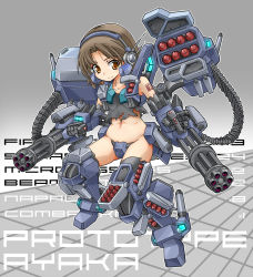 Rule 34 | 1girl, ammunition belt, black one-piece swimsuit, brown eyes, brown hair, crotch plate, densou tenshi valforce, gatling gun, gun, karukan (monjya), mechanical arms, missile, navel, one-piece swimsuit, quadruple wielding, robot ears, short hair, smile, solo, swimsuit, tattoo, torn clothes, torn swimsuit, tsukikage ayaka, weapon