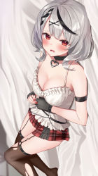Rule 34 | 1girl, bed sheet, black collar, black gloves, black hair, black jacket, blush, braid, breasts, brown thighhighs, cleavage, collar, commentary request, feet out of frame, fingerless gloves, garter straps, gloves, hair ornament, highres, hololive, jacket, large breasts, long sleeves, looking at viewer, lying, multicolored hair, nail polish, nyaa28, off shoulder, on back, on bed, open clothes, open jacket, parted lips, plaid, plaid skirt, red eyes, red nails, red skirt, sakamata chloe, short hair, silver hair, skirt, solo, streaked hair, tearing up, thighhighs, torn clothes, virtual youtuber, white background, x hair ornament