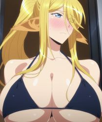 Rule 34 | 10s, 1girl, bare shoulders, bikini, bikini top only, blonde hair, blue eyes, blush, breasts, centaur, centorea shianus, cleavage, embarrassed, highres, huge breasts, long hair, monster girl, monster musume no iru nichijou, ponytail, screencap, simple background, solo, standing, stitched, striped, striped background, swimsuit, taur, third-party edit, upper body